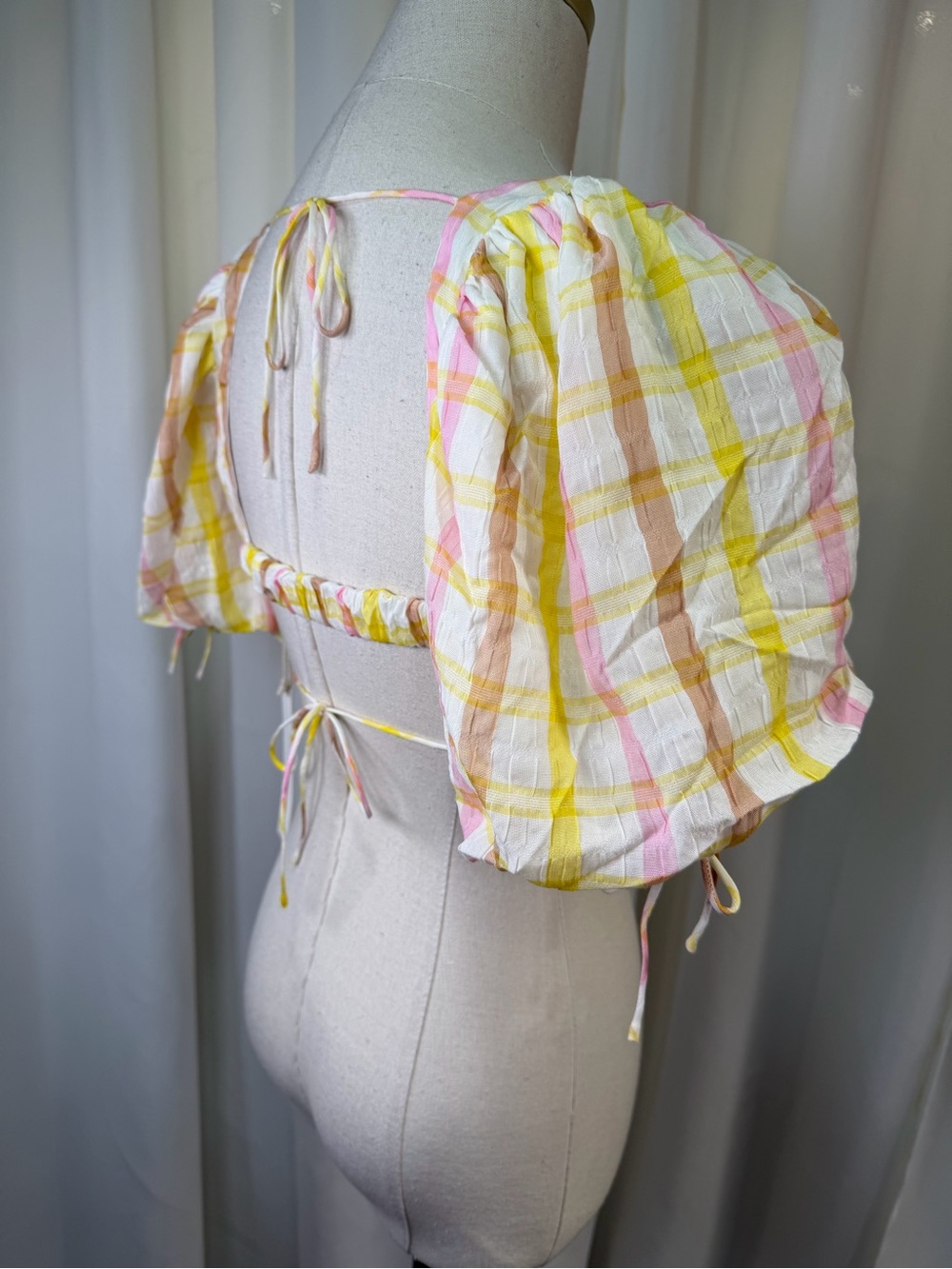 NWT For Love & Lemons ‘Rue’ Puff Sleeve Crop Top in Yellow & White Plaid Size S - Picture 11 of 16